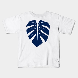 Navy Blue Monstera Leaf Kids T-Shirt